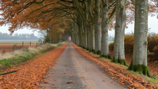 A country road lined with trees in full autumn colors, leaves carpeting the ground, 4K fall background.