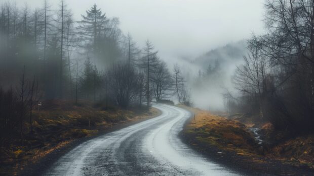 A country road winding through mist covered hills and dense forest.