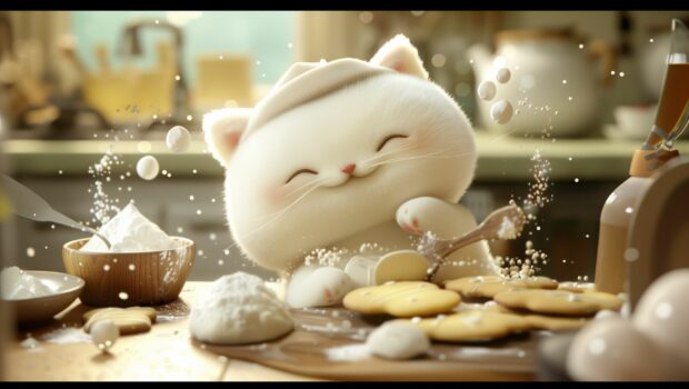 A cute Kawaii cat baking cookies in a kitchen, with flour on its nose and a cheerful smile.