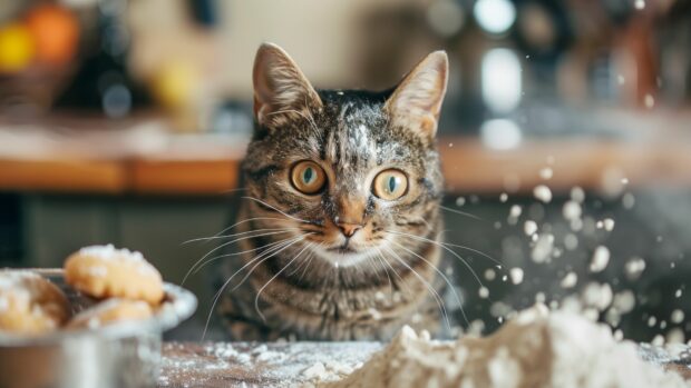 A cute cat baking cookies in a kitchen, with flour on its nose and a cheerful smile.