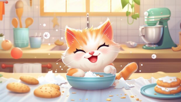 A cute cat baking cookies in a kitchen, with flour on its nose and a cheerful smile.