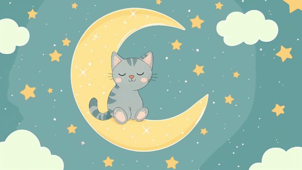 A cute cat sitting on a crescent moon, surrounded by twinkling stars and dreamy pastel clouds.