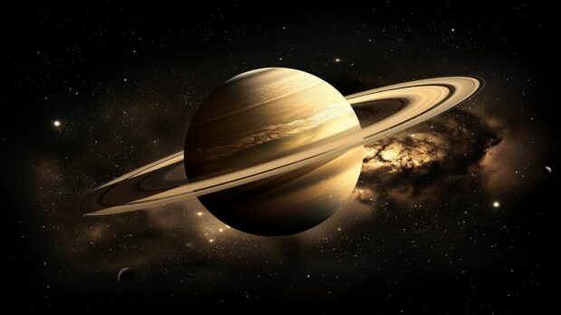 A detailed Saturn with its rings prominently displayed wallpaper, against a dark space 1080p background.