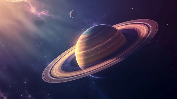 A detailed Saturn with its rings prominently displayed wallpaper, against a dark space desktop background.