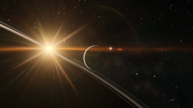 A detailed depiction of a distant exoplanet with rings, set against a starry outer space 2K desktop background.