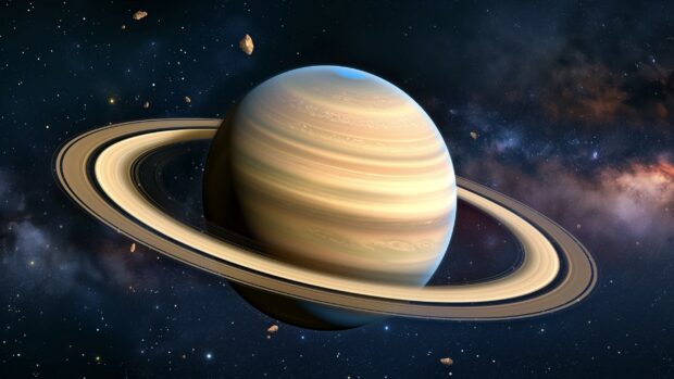 A detailed image of Saturn with its rings prominently displayed, against a dark space 2K background.