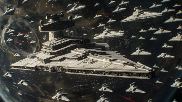 A detailed image of an Imperial Star Destroyer patrolling the galaxy, with TIE Fighters flying in formation around it.