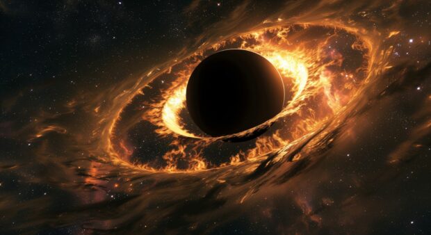A detailed view of a black hole surrounded by swirling cosmic dust and stars, with intense gravitational distortions.