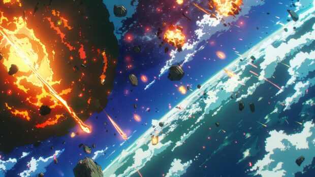 A dramatic anime scene of a planet being destroyed, with vibrant explosions and cosmic debris flying through space, Anime Space desktop background.