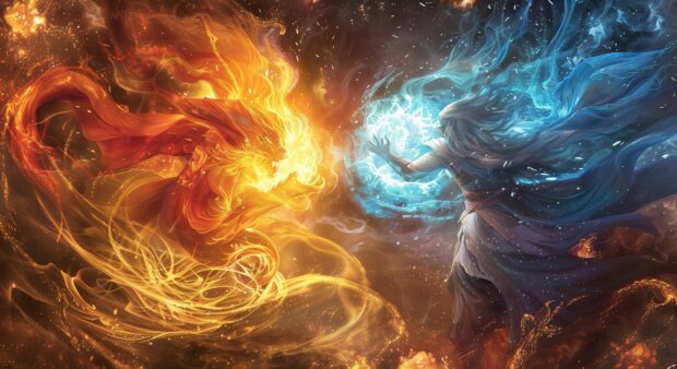 A dramatic battle between legendary wizards casting spells with swirling magical energies, reminiscent of MTG card art.