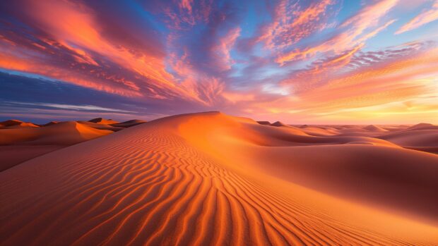 A dramatic desert landscape 4K OLED Desktop Wallpaper with sand dunes and a fiery sunset.