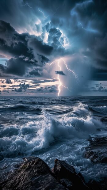 A dramatic ocean scene with lightning striking over turbulent waters, iPhone wallpaper.