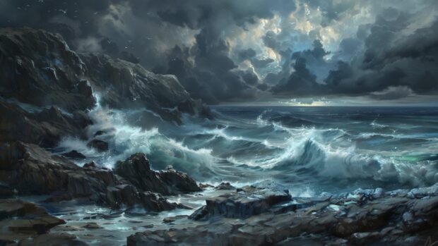 A dramatic ocean scene with waves crashing against rocky cliffs under a stormy sky.