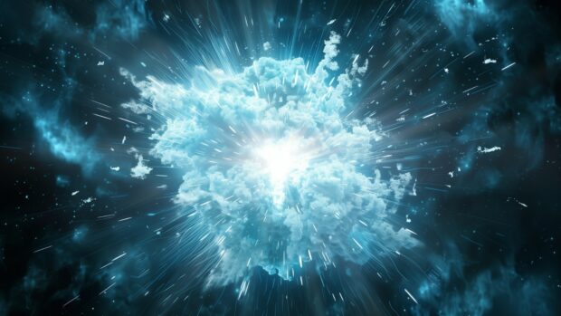 A dramatic scene of a blue supernova explosion, with intense light and cosmic debris spreading out into space.
