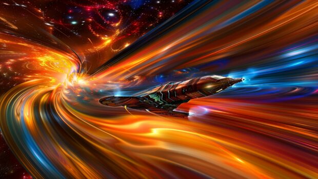A dramatic scene of a spaceship emerging from a warp gate, with vibrant colors and light effects illuminating the vastness of space (2).