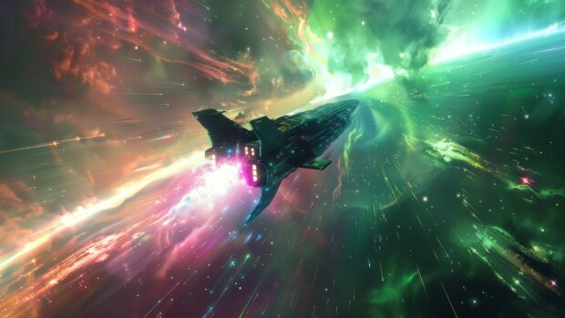 A dramatic scene of a spaceship emerging from a warp gate, with vibrant colors and light effects illuminating the vastness of space background.