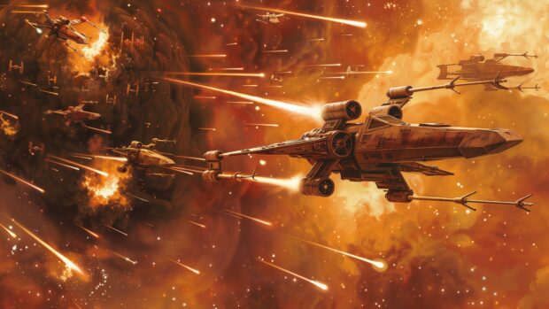 A dramatic space battle scene with X Wings and TIE Fighters engaging in combat, laser beams and explosions lighting up the Star Wars galaxy 4K wallpaper.