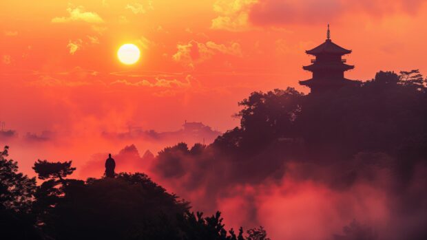 A dramatic sunset scene with a lone samurai silhouette atop a hill overlooking a feudal Japanese castle.
