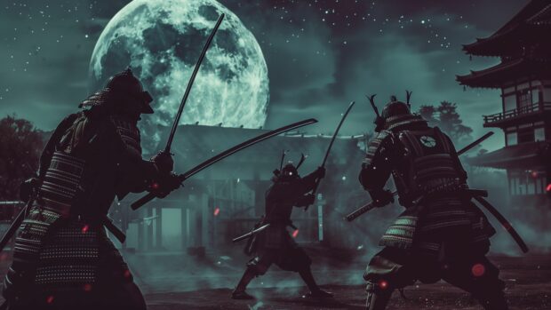 A dynamic battle scene with samurai engaged in combat under the moonlight.
