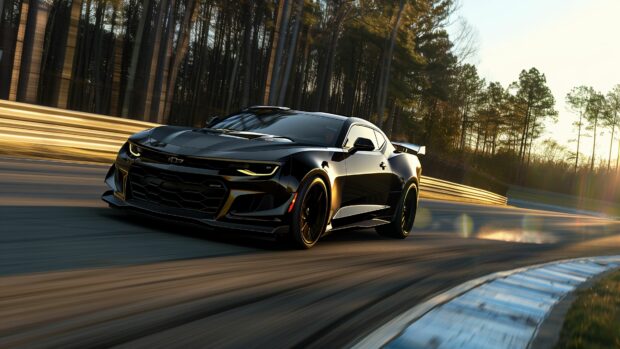 A dynamic shot of a Camaro racing on a track, with blurred background to emphasize speed.