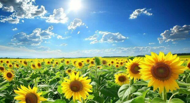 A field of sunflowers in full bloom under a bright blue sky with fluffy white clouds features Country Desktop Wallpaper HD.