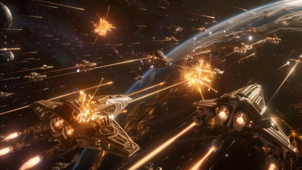 A fleet of anime spaceships engaging in a space battle, with laser beams and explosions lighting up the cosmos , Anime Space background.