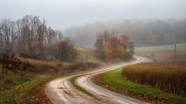 A foggy morning on a country road winding through mist covered hills and dense forest .