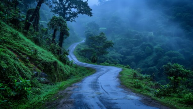 A foggy morning on a country road winding through mist covered hills and dense forest.