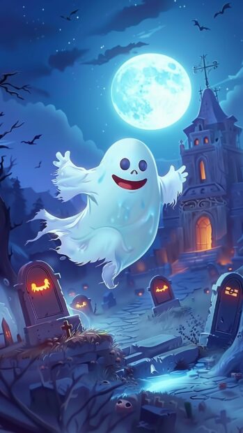 A friendly ghost floating through a moonlit graveyard with smiling tombstones, Cute Halloween iPhone Wallpaper.