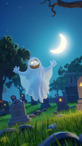 A friendly ghost floating through a moonlit graveyard with smiling tombstones, Funny Halloween Wallpaper iPhone.
