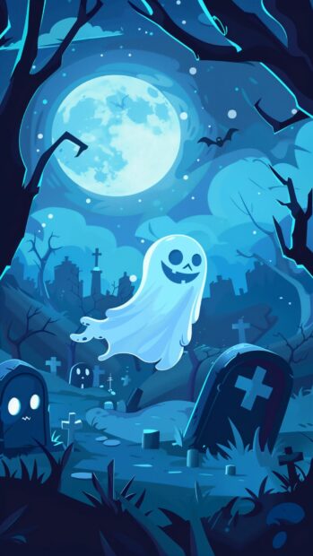 A friendly ghost floating through a moonlit graveyard with smiling tombstones, Preppy Halloween Wallpaper.