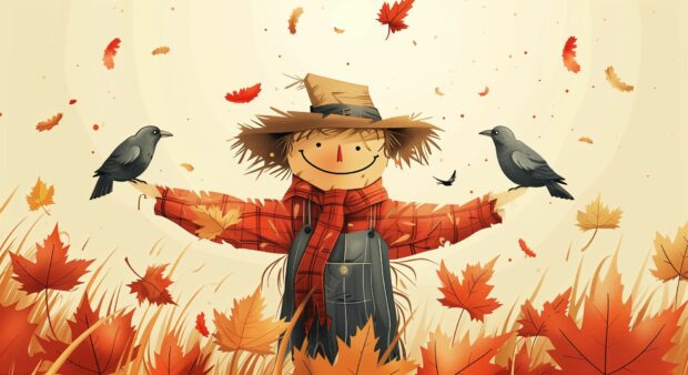 A friendly scarecrow standing in a field of autumn leaves with crows perched on its arms, Cartoon Halloween Wallpaper.