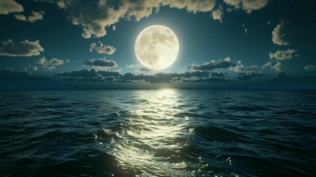 A full moon casting a silver glow over a peaceful ocean desktop HD wallpaper at night.