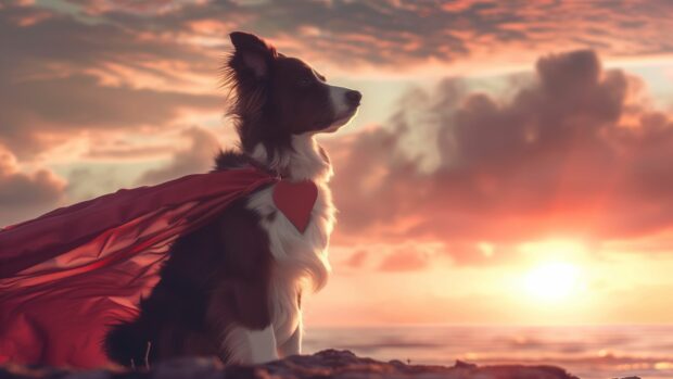 A fun scene featuring a cool dog dressed as a superhero, with a cape fluttering in the wind against a dramatic sky.