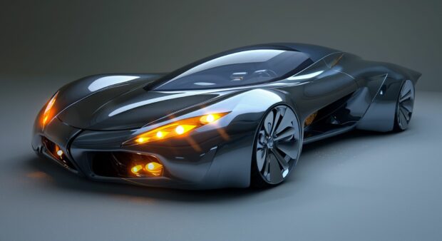 A futuristic cool car with sleek lines and glowing headlights, desktop wallpaper.
