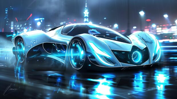 A futuristic cool car with sleek lines and glowing headlights, laptop wallpaper.