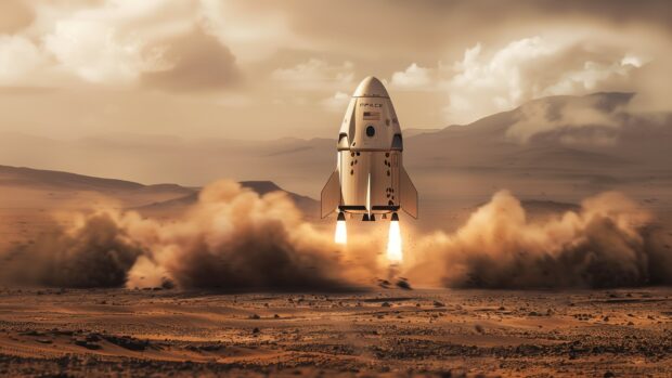 A futuristic depiction of a SpaceX Starship landing on Mars, with the Martian landscape and distant mountains.