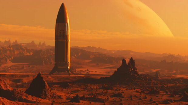 A futuristic depiction of a SpaceX Starship landing on Mars, with the Martian landscape and distant mountains visible.