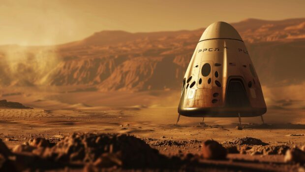 A futuristic depiction of a SpaceX Starship landing on Mars, with the Martian landscape and distant mountains visible, Desktop wallpaper HD.