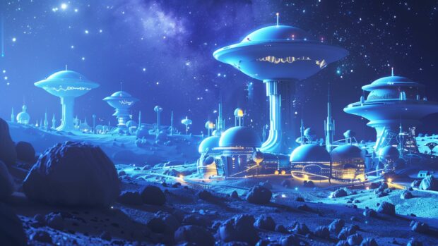 A futuristic depiction of a blue cool space colony on an alien planet, with advanced technology and a star filled sky.