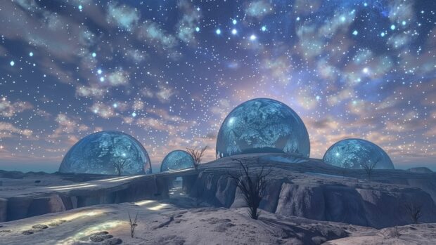 A futuristic depiction of a cool space colony on an alien planet, with advanced technology and a star filled sky.