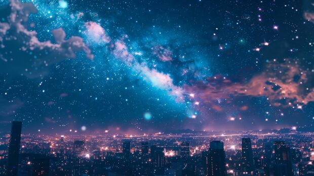 A futuristic space 4K desktop wallpaper with a sleek cityscape on an alien planet, under a sky filled with stars and distant galaxies.