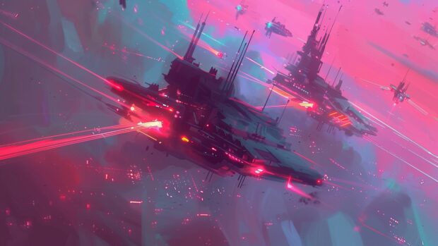 A futuristic space battle with laser beams and explosions, Sci fi background.