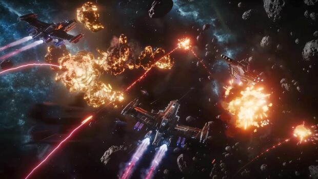 A futuristic space battle with laser beams and explosions, in style of Sci fi.