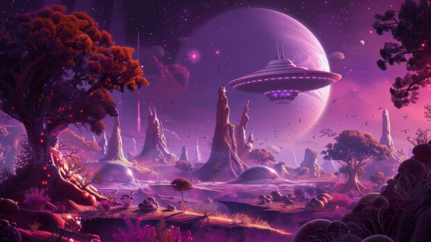 A futuristic spacecraft landing on an alien planet wallpaper, with strange flora and fauna, Space Wallpapers HD 1080p.