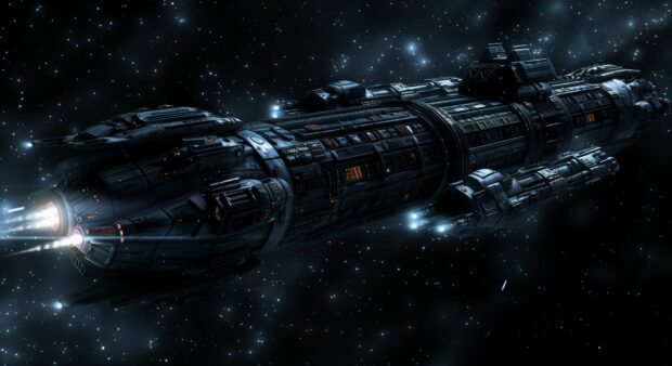 A futuristic spaceship flying through the pitch black void of space background, illuminated only by its lights and the distant stars.