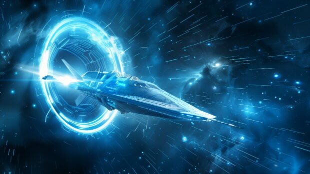 A futuristic spaceship traveling through a blue tinted wormhole, with dynamic light effects and distant stars in the background HD.