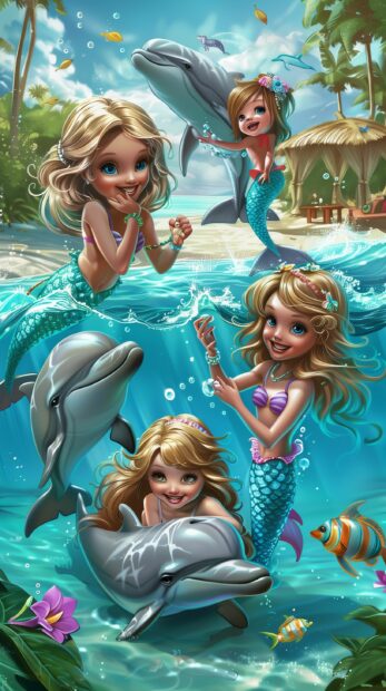 A group of mermaids playing with dolphins in a crystal clear lagoon.