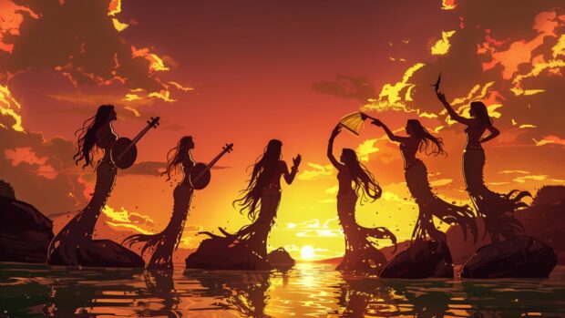 A group of mermaids singing together on a rocky shore at sunset.