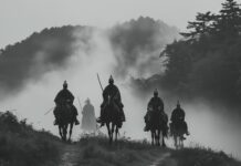 A group of samurai on horseback riding through a foggy mountain pass, 4K Samurai Wallpaper.